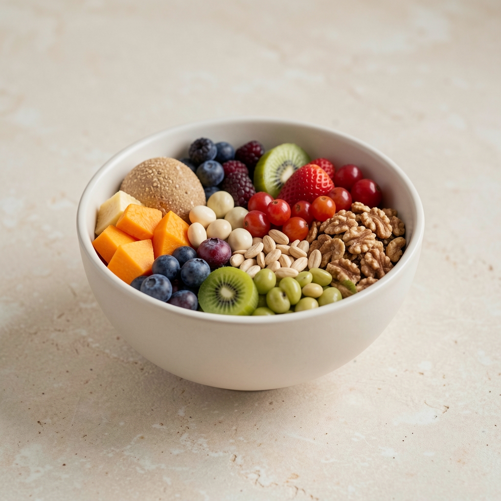 Bowl of colourful whole foods arranged on a pale stone surface under diffuse natural light