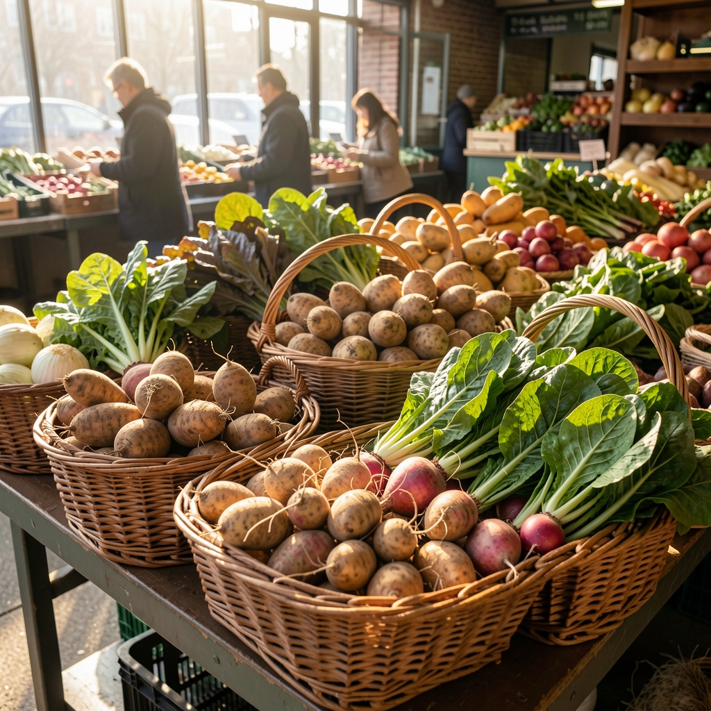 Market produce laid out in morning light, winter root vegetables and leafy greens in wicker baskets