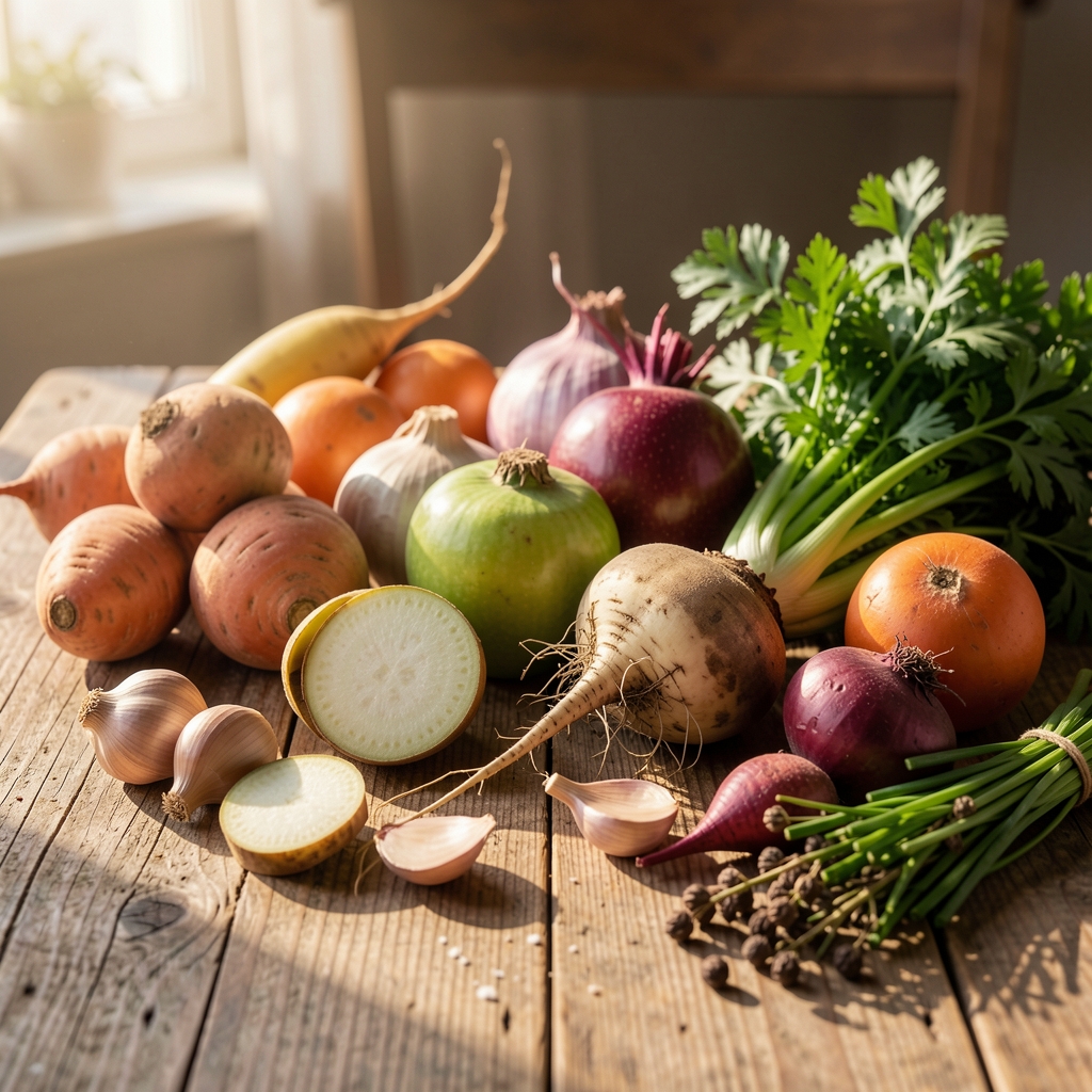Root vegetables and seasonal winter produce arranged on a wooden surface in early morning light