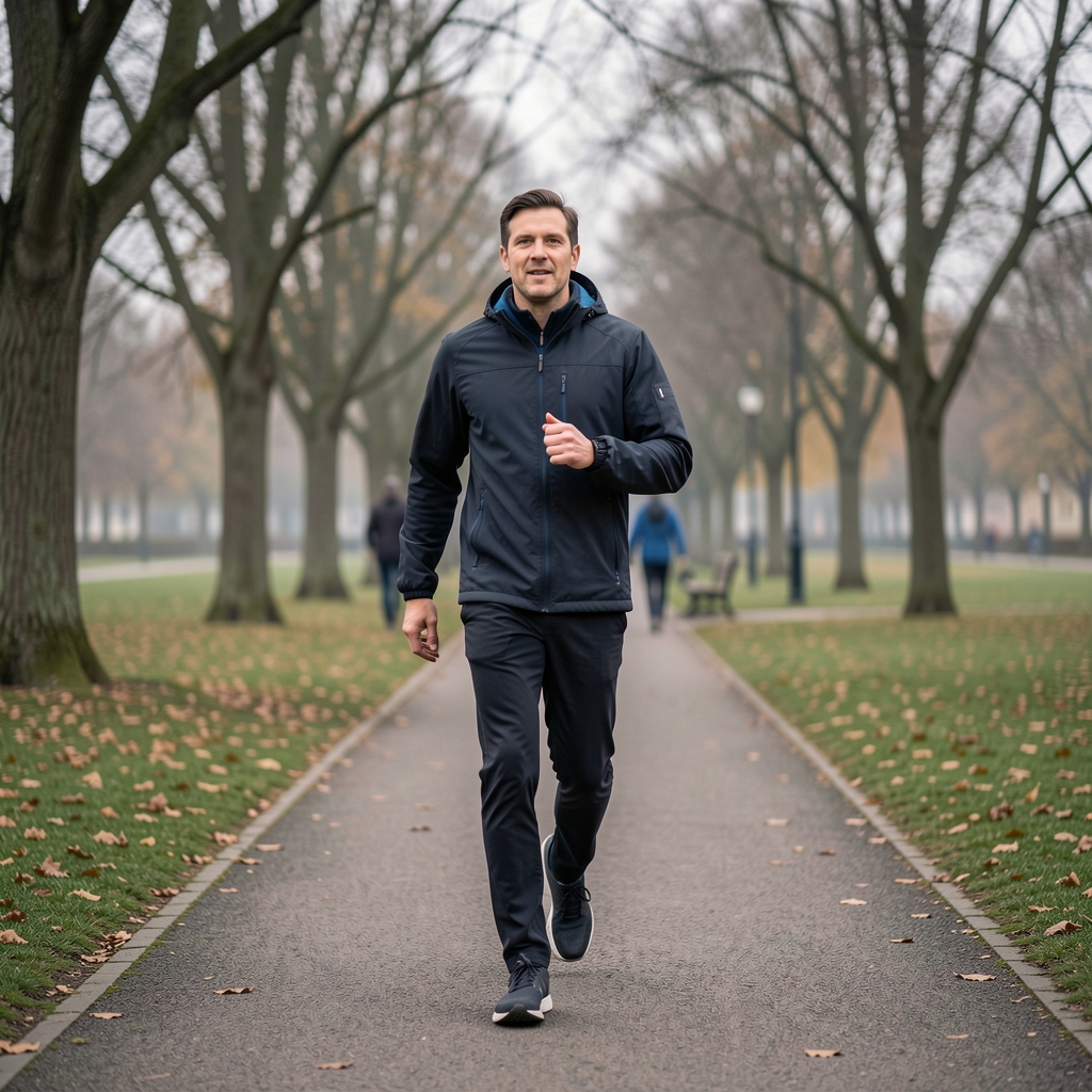 Person walking in a park in overcast morning light, movement and daily active lifestyle