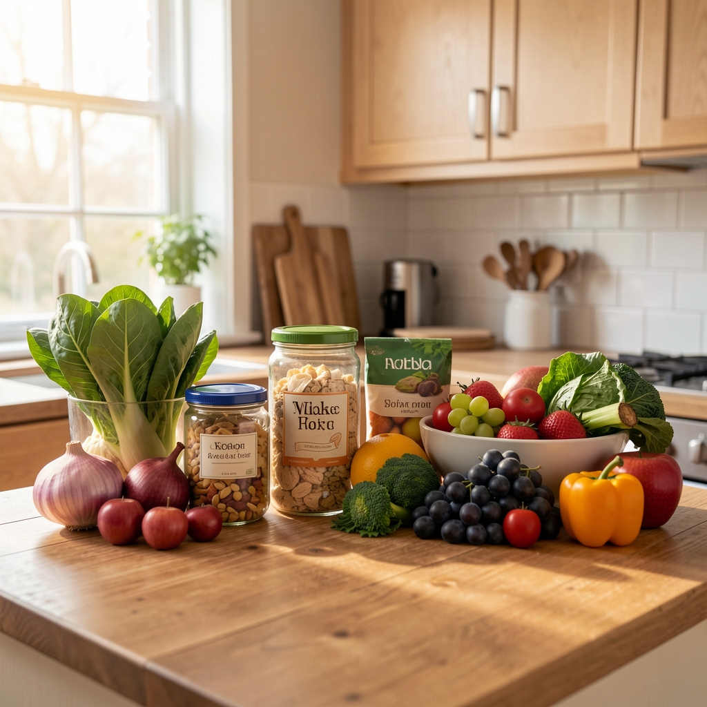 Editorial kitchen workspace with seasonal vegetables arranged on a pale surface under cool morning light